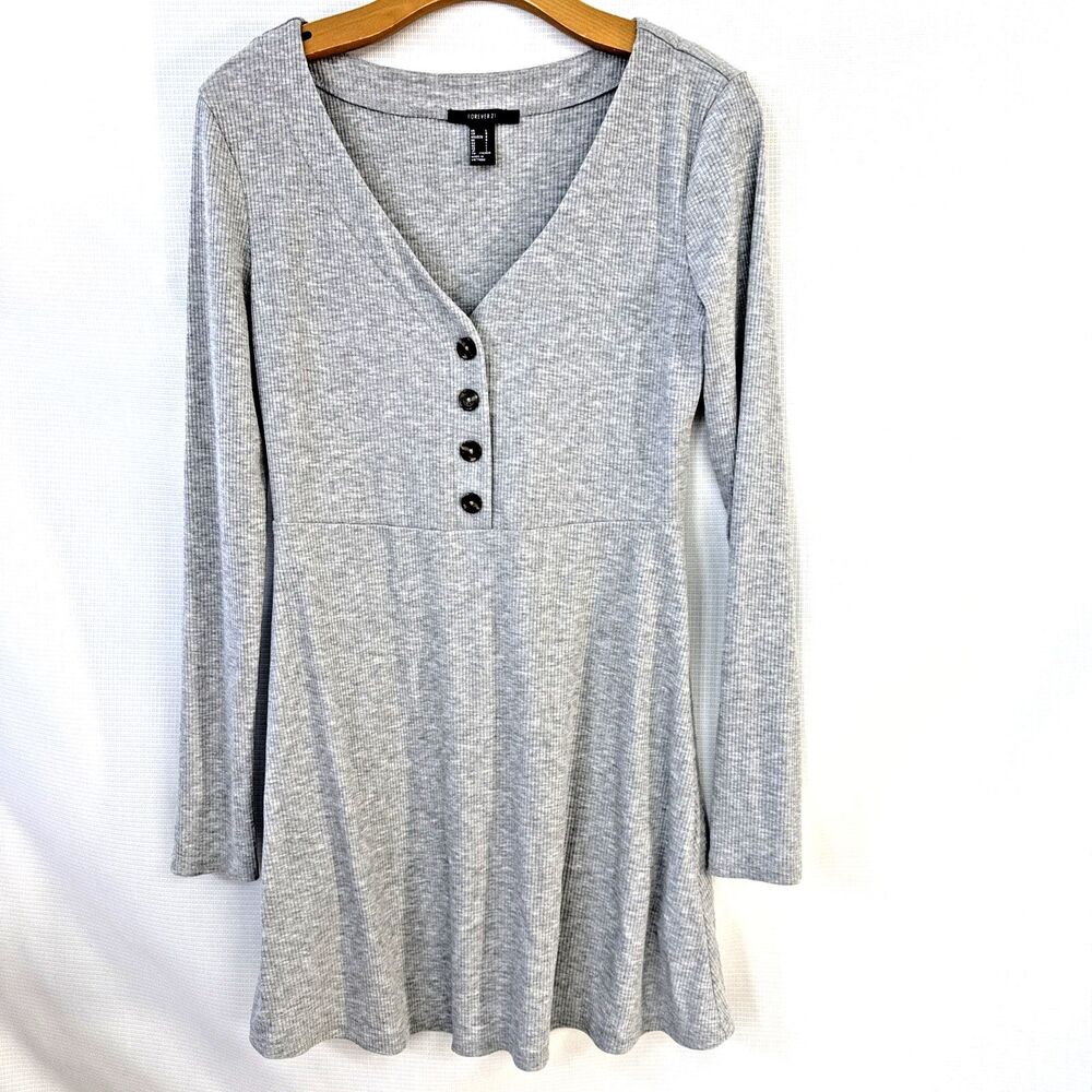 Forever21 Gray V Neck Ribbed Knit Light Gray LS Bodycon Dress - L - Soft Mini